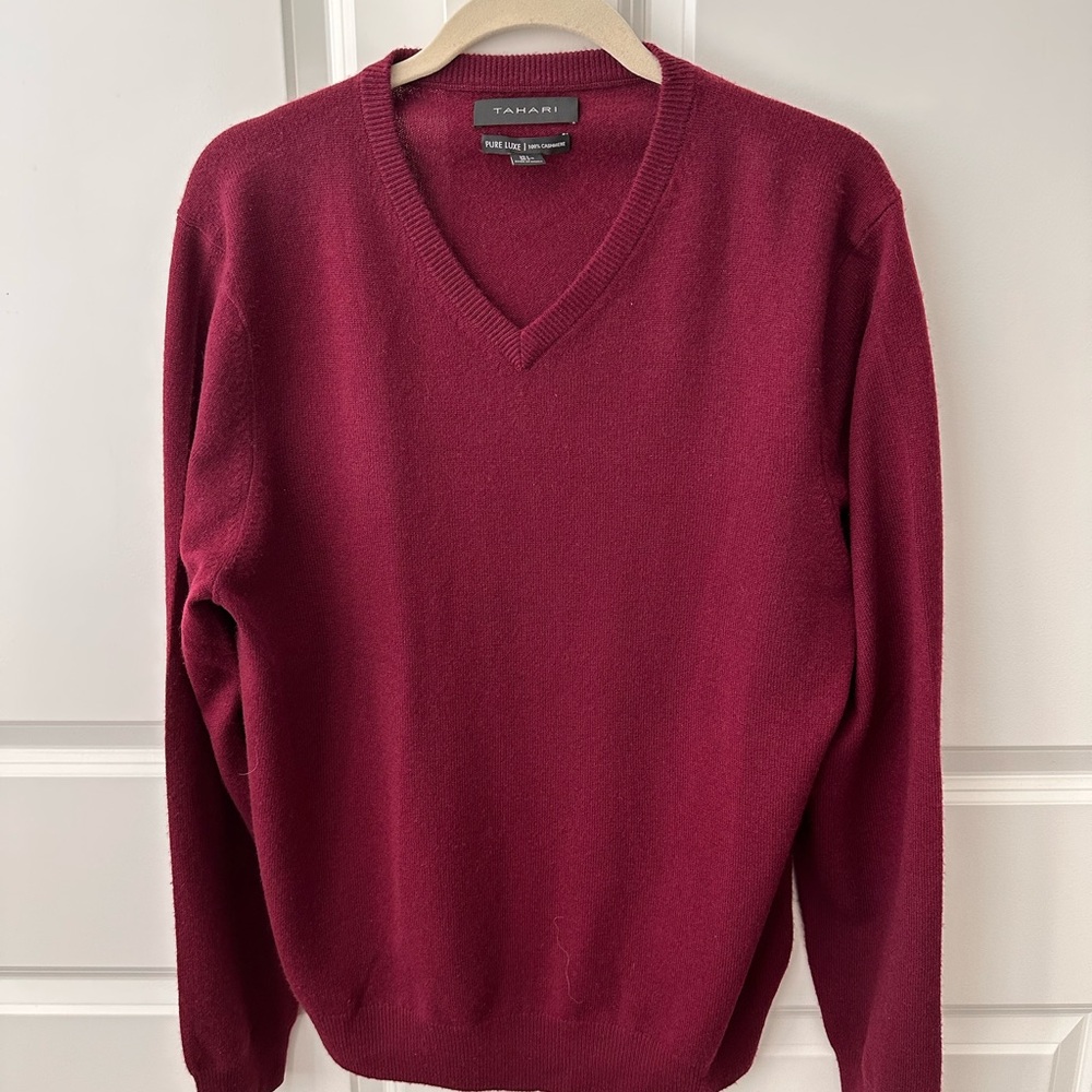 Tahari 100% Cashmere Pure Luxe Men's V-Neck Sweater Sz. L- Deep Red Burgundy